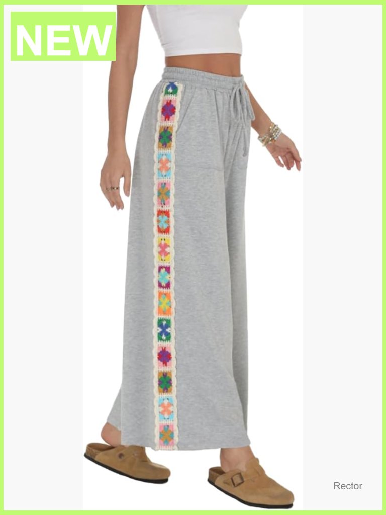 Wide Leg Stretch Drawstring Waist Loose Lounge Sweatpants Crochet Panel Pockets